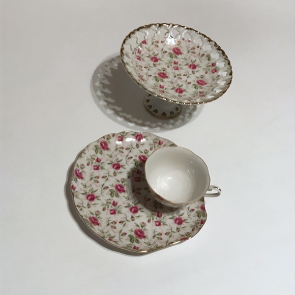 7 vintage Lefton  Rose Chintz snack sets + compote - Picture 5 of 8